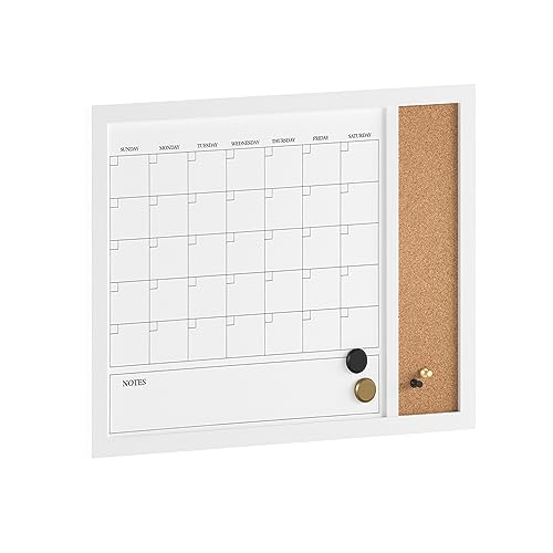 Martha Stewart Everette Magnetic Dry Erase Monthly Calendar and Cork Board Combo with Included Marker, Magnets, and Push Pins, 24"x18", White Woodgrain Frame