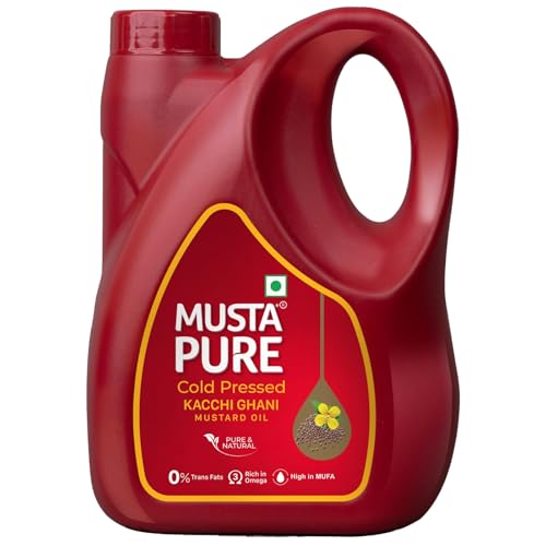 Image of Musta Pure Cold Pressed Kachi Ghani Mustard Oil 5 Litre Cooking Oil, Unrefined, Naturally Cholesterol Free, A1 Grade Real Seeds For Natural Aroma & Flavour For Roasting, Frying, Baking - Jar