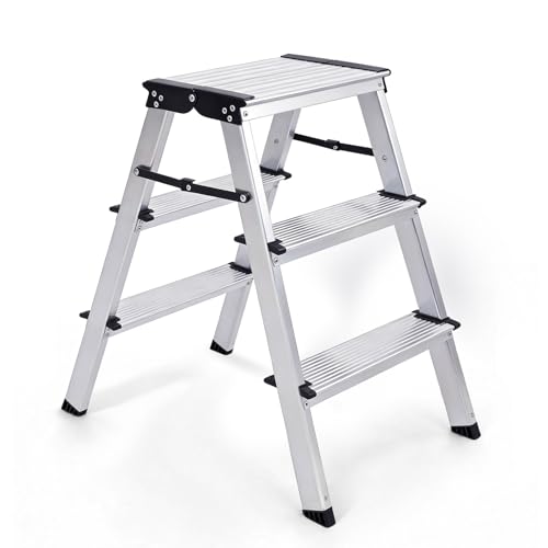 Sekey Trittleiter 3 Stufen Beidseitig Begehbar, Klappbare Stehleiter aus Aluminium mit rutschfeste Stufen, für Haushalt & Zuhause, TÜV & SGS, EN131/14183, bis 150 kg Belastbar