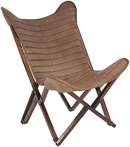 Howard Elliott Luxurious Leather Butterfly Chair for Relaxing, Foldable Wooden Sling Chair with Genuine Leather for Camping, Living Room, Balcony, Both Indoor & Outdoor Usage, Brown, 30 x 27 x 37 Inch