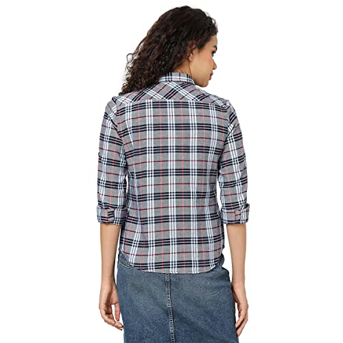 Image of PINACOLADA Women's Grey Tartan Plaid Button Up Regular Fit Shirt for Casual Wear | Spread Collar | Long Sleeves | Cotton Shirt Crafted with Regular Sleeve & Comfort Fit for Everyday Wear