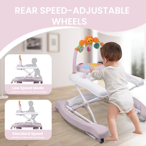 Image of Baby Walker, 5 in 1 Baby Walkers for Boys Girls 6-12 Months, Foldable Walkers for Babies with Bouncer & Feeding Tray, Music, Adjustable Heights, Activity Walker for Infant