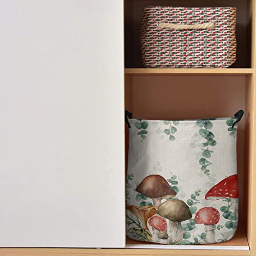 Large Laundry Basket 16.5X17In, Red Brown Mushroom Waterproof Dirty Clothes Bag Hamper With Handles, Eucalyptus Leaves Botanical Burlap Collapsible Sorter Basket For Bathroom Home #TOP1