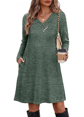 OFEEFAN Long Sleeve Dress Tunic Button V Neck Dress Fall Outfits for Women