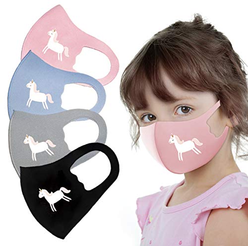 Animal Themed Kid's Face_Mask Face Covering Gear Double Fabric Layers Washable Reusable Unicorn, Bear, Kitty, Bunny and More (Pack of 4 Unicorn)