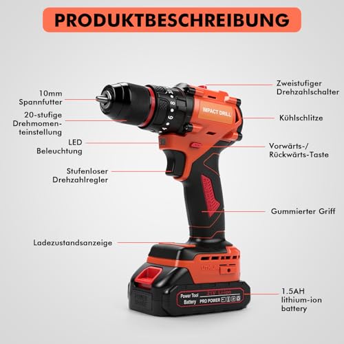 Akkuschrauber mit 2 Akkus 1500mAh, 21V Akku-Schlagbohrschrauber 50Nm, 1500 RPM (2-Gang) Akku Bohrschrauber Set, 20+1 Drehmomentstufen, 24 Bits, LED-Licht für Reparatur, DIY, Möbelmontage – Bild 7