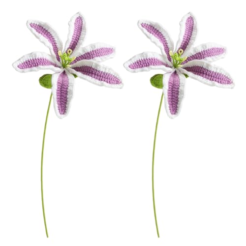 Magicherry Bouquet di fiori di giglio artificiali fatti a mano all'uncinetto, 2 pezzi, lavorato a maglia, per composizioni floreali fai da te, decorazione per la casa e per matrimoni, sfumato viola