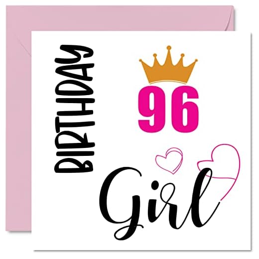 Stuff4 Tarjeta de cumpleaños 96 para mujeres, tarjetas de cumpleaños para mujer de 96 años, gran abuela, niñera, madrastra, tía, 145 mm x 145 mm, 96 años, tarjetas de felicitación de regalo