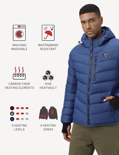 Men's Heated Jacket With 12V Battery Pack-Insulated Lightweight Hooded Hand-Heating Electric Heated Puffer Jacket (US, Alpha, Large, Regular, Regular, Blue)3