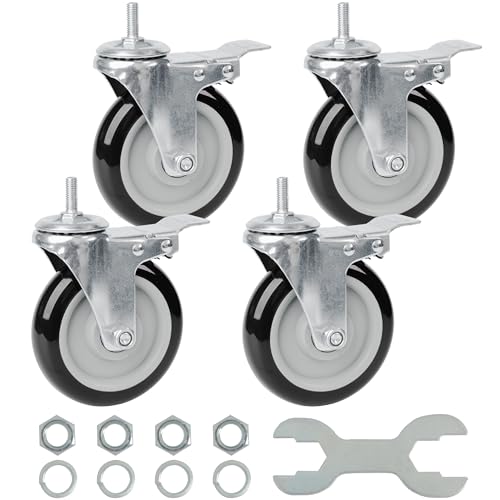 Finnhomy Swivel Caster Wheels 5 Inch Threaded Stem Casters Set of 4 Heavy Duty 3/8"-16 x 1 with Brake Polyurethane Industrial Locking Castors Wheels for Cart/Furniture 2200 Lb Smooth Caster, Black