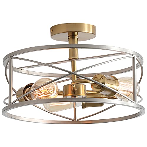 PUSU Round Cage Ceiling Light Fixture,Farmhouse Semi Flush Mount Ceiling Light with Brushed Nickel Metal Ceiling Lamp for Kitchen Living Room Dining Bedroom Hallway