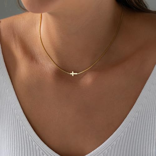 Cross Necklace for Women - 18K Gold Plated Cross Necklace Dainty Gold Cross Necklace Tiny Sideway Cross Choker Necklace Gold Cross Necklaces for Women Gold Jewelry for Women4