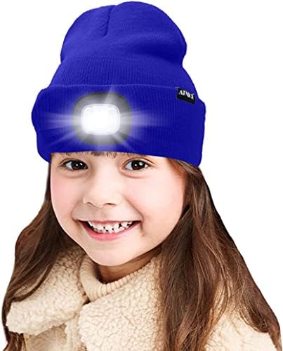 ATNKE Kids LED Lighted Beanie Cap, USB Rechargeable 4 LED Headlamp Waterproof Winter Warmer Knit Night Hats with Light for Boys Girls