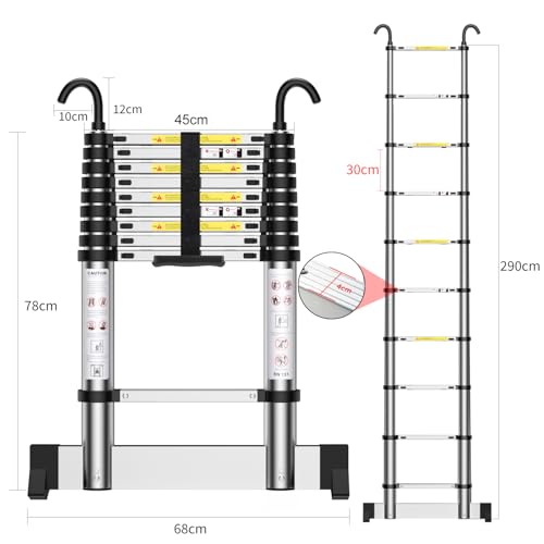 Teleskopleiter 2,9m, Aluminium Leiter Ausziehbar mit Hakenaus, Verstellbare Stufen, für Dachböden, zur Dachrinnenreinigung, Fensterreinigung, Lagerorganisation usw.