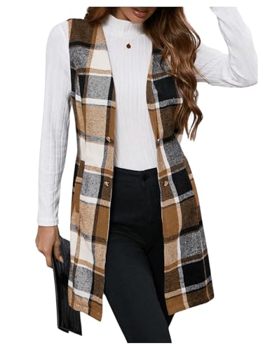 MakeMeChic Women's Long Vest Plaid Button Open Front Sleeveless Blazer Vest Jacket Coat with Pocket
