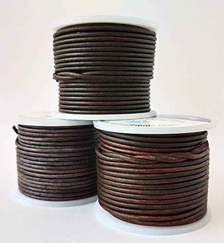 Cords Essentials Round Genuine Leather String Cord For Jewelry Making Distressed Dark Brown, 2.0 Mm + Distressed Light Brown, 2.0 Mm And Distressed Gray, 2.0 Mm Bundle #TOP2