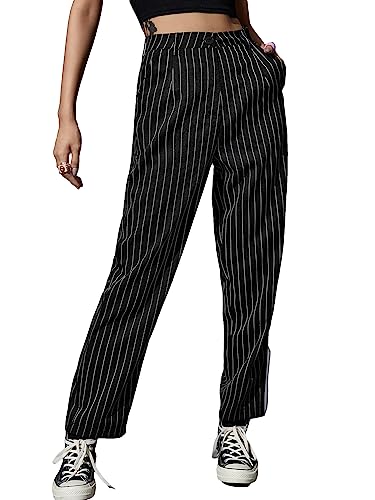 WDIRARA Women's High Waist Colorblock Striped Print Trousers Button Pocket Front Straight Leg Cropped Pants