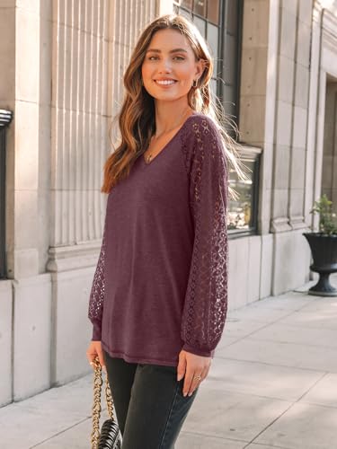 Womens Long Sleeve Shirts V Neck Lace Tops Business Casual Blouses Tee Trendy 2025 Fall Fashion Outfits Clothes4
