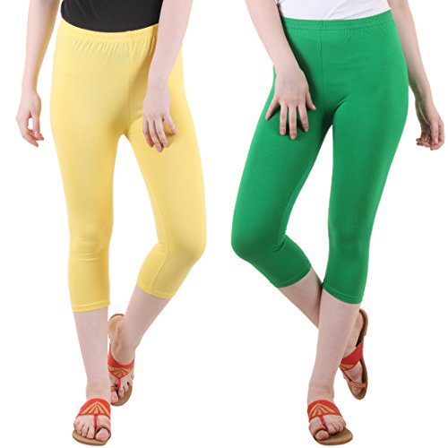 Image of DIAZ Women Cotton Stretchable Capri | Slim /Regular Fit | Breathable Yoga, Gym & Lounge Wear | High-Waist Stretchable 3 /4 Length Leggings with Wide Waistband - Pack of 2