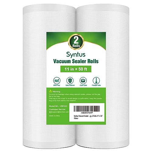 Syntus Vacuum Sealer Bags for Food, 2 Rolls 11" x 50' Commercial Grade Bag Rolls, Food Vac Bags for Storage, Meal Prep or Sous Vide Syntus Vacuum Sealer Bags for Food, 2 Rolls 11" x 50' Commercial Grade Bag Rolls, Food Vac Bags for Storage, Meal Prep or Sous Vide