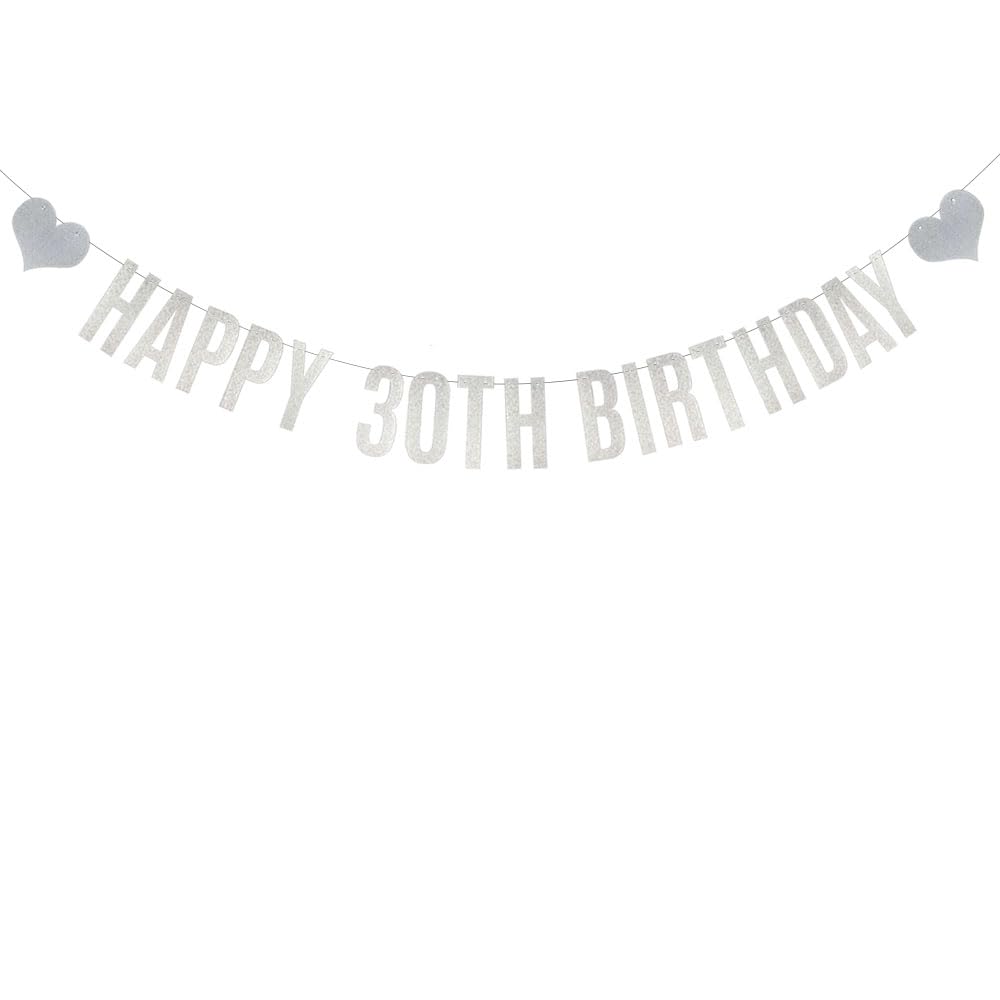 Happy 30th Birthday Banner, Pre-Strung,Silver Glitter Paper Garlands Banner for 30th Birthday Party Decorations Supplies, Letters Silver,Betteryanzi