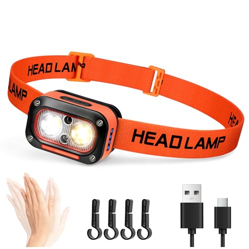 DARKBEAM LED Headlamp High Lumens USB Rechargeable Dual Light Headlight for Hardhat with Motion Sensor, Red Warning Light Up/Down Adjustable, Waterproof Head Lamps for Camping, Car Maintenance