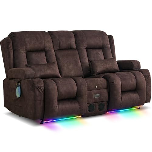 Image of URRED Power Loveseat Recliner Sofa with Massage and Heat,Brown | Wall Hugger Reclining Loveseat with Console, RV Couch Home Theater Seating with LED Lights for Living Room, Velvet Fabric