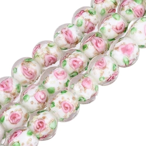 PONABEADIY 1 boîte de 40 perles Roses en Verre Filé à la Flamme Faites Main Lumineuses Phosphorescentes avec Poudre Pailletée Fleurs Intérieures et Perles D'Espacement en Vrac pour la Création de Bijo