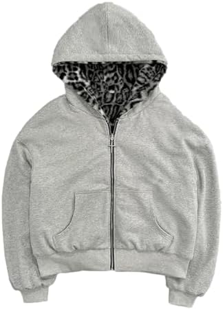 Y2K Womens Faux Fur Leopard Print Hoodies Zip Up Fleece Warm Jacket Fluffy Baggy Vintage Trendy Streetwear