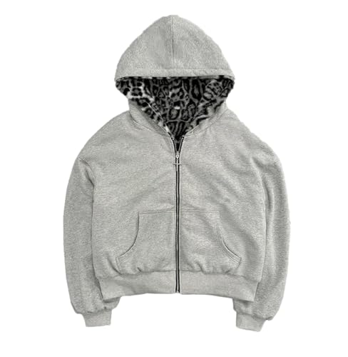 GOTHPICKUS Y2K Womens Faux Fur Leopard Print Hoodies Zip Up Fleece Warm Jacket Fluffy Baggy Vintage Trendy Streetwear (Grey,Medium)