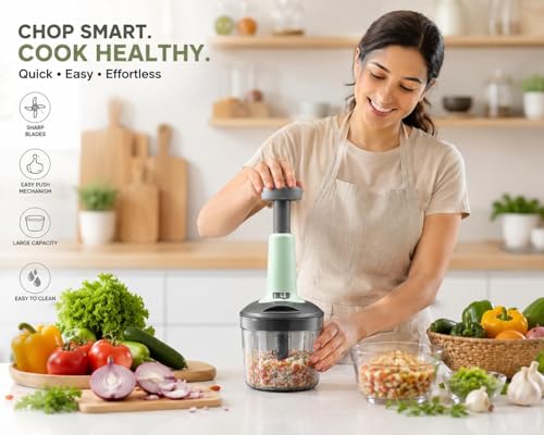 Image of Chopper for Kitchen Use 1000 ML, Push Chopper with 4 Blades, Vegetable Chopper Kitchen Items for Home Cutting Vegetables, Onion, Ginger, Garlic, Salad, Tomato, Potato Free Scrubber