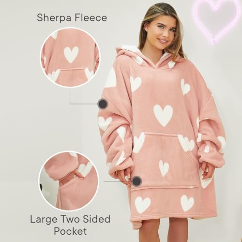 Dreamscene Heart Print Hoodie Blanket Blush, Oversized Blanket Hoodies Women Sherpa Lined Soft Fluffy Warm Snuggle Hoodie for Girls Comfy Fleece Wearable Blanket - 6
