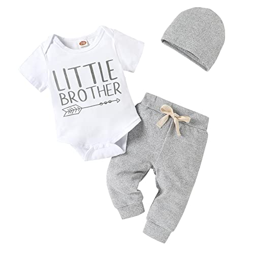 Image of Happy Town 3Pcs Baby Boy Clothes Newborn Infant Bodysuit Summer Cotton Short Sleeve Romper +Pants+Hat Outfits Set (White Little Brother, 0-3 Months)