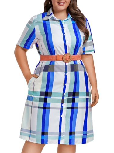 Image of ChiaoLezhee Plus Size Shirt Dress, Colorful Plaid Match Waistband, Fits 1XL-5XL