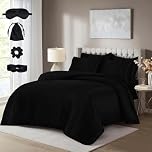 CHARKHAH Luxury Satin Bedding Set 10 pcs Satin Silk Complete Bedding Set with Duvet Cover, Fitted Sheet Pillowcases plus Accessories (Black, Double)