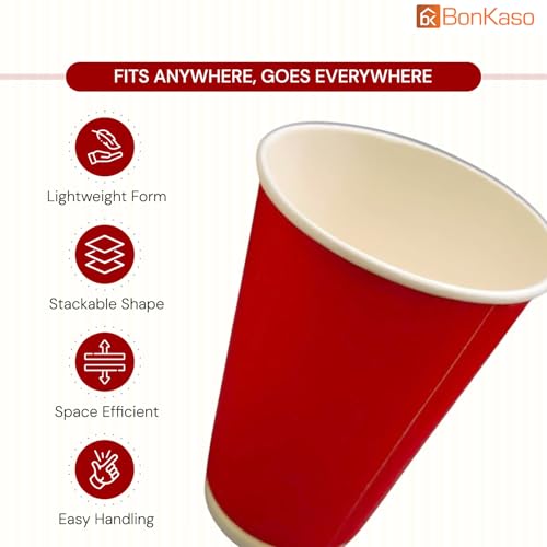 Image of BonKaso 480ml Double Wall Disposable Beer Glasses | Premium Ripple Cups for Hot & Cold Beverages | Leak-Resistant Insulated Paper Cups for Events, Cafes, Parties - Red - Pack of 25