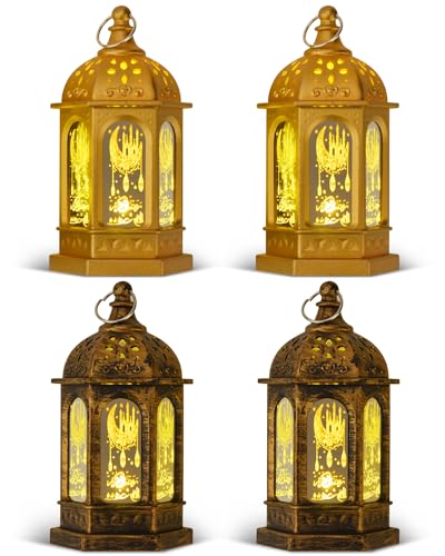Ramadan Lantern Lights 4PCS Gold and Bronze Ramadan Decorations Lanterns Eid Mubarak Decorations Lights Mini Hanging Castle LED Lantern for Table Home Garden Muslim Islamic Festival Decorations