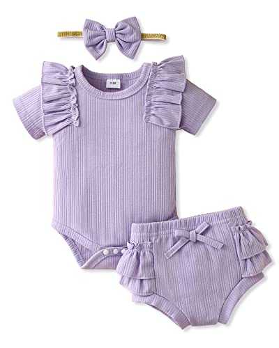 Image of DISAUR Baby Girl Clothes 3pcs Newborn Summer Outfits Infant Short Sleeve Romper and Cute Headband and Short Set