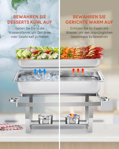 Wilprep Chafing Dish Speisewärmer 9L 2pcs Edelstahl Warmhaltebehälter Wärmebehälter Edelstahl Buffet-Set für Catering Buffet und Party (Silber - 2 Set) – Bild 4