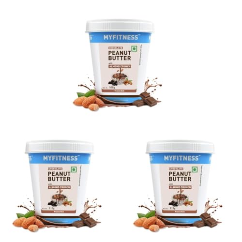 Image of MYFITNESS Peanut Butter Chocolate Spread with Almond Crunch 510g | 25g Protein & 9g Fiber | Tasty & Healthy Nut Butter Spread for Breakfast | Cholesterol Free | Zero Trans Fat | Crunchy Peanut Butter