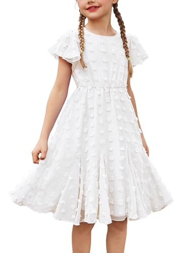Flypigs Girl's Elegent Princess Dress Summer Dresses A-line Ruffle Short Sleeve Swing Dresses for Kids 11-12 Years White