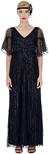 FAIRY COUPLE Women's V Neck Maxi Long Sequin Dress Beaded Evening Wedding Gown Black S