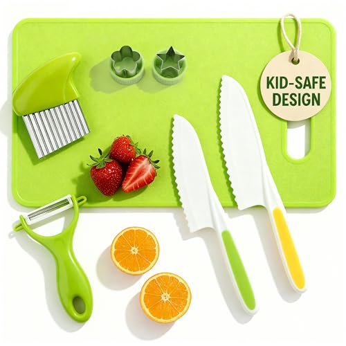 7 Pcs Kids Knife Set for Real Cooking, Toddler Cooking Set Montessori with Recipes Book, Toddler Kitchen Tools for Cooking, Kids Cooking Sets Real - Cutting Board and Knife Set