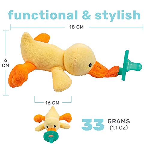 Image of Duck Stuffed Animal Detachable Pacifier Holder, Latex-Free Soother with Stuffed Toy, Calming and Easy to Clean Baby Stuff, Newborn Pacifier- BabyLuv