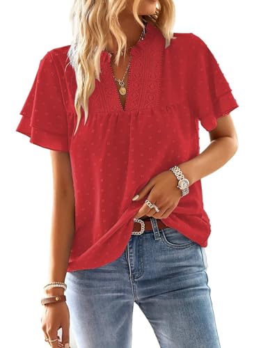 TUUHAW Blouse Femme T-Shirts à Manches Courtes Femme Été Chemisier Chic et Élégant Volants Col en V Chemise Bohème Top Plissé Fluide Lâches Vintage Hauts Couleur...