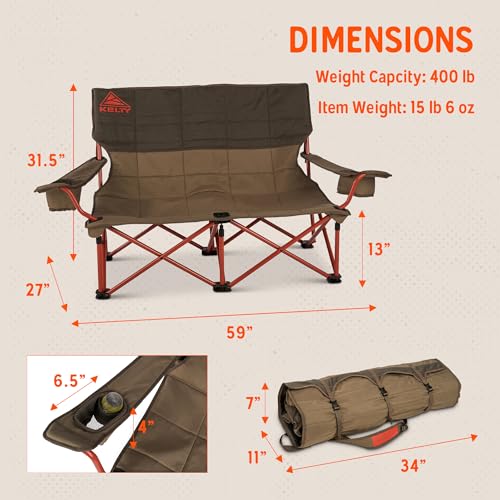 Image of Kelty Low Loveseat 2 Person Folding Camping Chair (Low Height /Bungee) | Low Height Seat, Comfortably Fits 2 Adults, Slight Recline, Insulated Cup Holders, Perfect for Soccer Games, Concerts