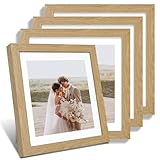 Hongkee 12x12 Picture Frame Set of 4 - Made of Glass and Natural Oak Wooden Frame, Display Square Pictures 10x10 with Mat or 12 x 12 without Mat, Desktop & Wall Collage Photo Frame