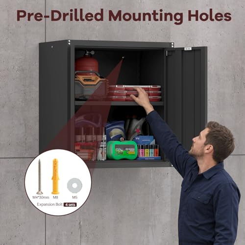 Image of Steel Wall Cabinet, Metal Locking Wall Cabinet, Hanging Metal Cabinet for Garage Tool Storage, Wall Mount Tool Cabinet for Garage, Laundry Room, Office, Black
