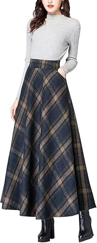 Women's Vintage High Waist Wool Blend Plaid A-Line Long Maxi Skirt with Pocket4
