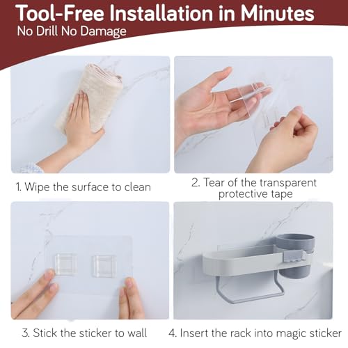 Image of HOKIPO Wall-Mounted Bathroom Shelf with Cup Holder & Towel Rod | Stickable Bathroom Organizer | No Drill Self Adhesive Storage Rack | Magic Sticker Bathroom Accessories Set (AR-6090)